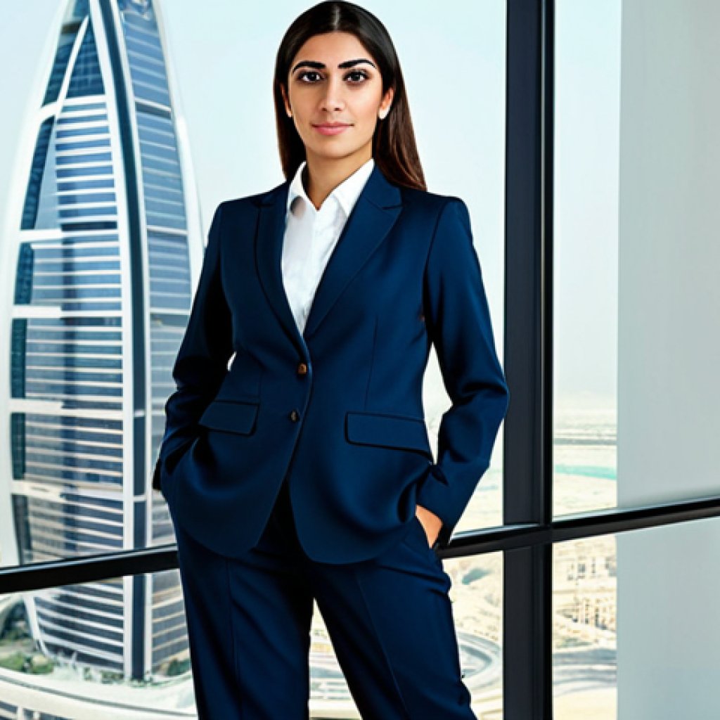 **
"A professional Arab businesswoman in a modest, tailored business suit, standing confidently in a modern office overlooking Dubai. Fully clothed, appropriate attire, safe for work, perfect anatomy, natural proportions, professional corporate photography, high quality, family-friendly."
**