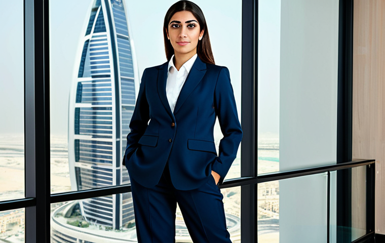 **
"A professional Arab businesswoman in a modest, tailored business suit, standing confidently in a modern office overlooking Dubai. Fully clothed, appropriate attire, safe for work, perfect anatomy, natural proportions, professional corporate photography, high quality, family-friendly."
**
