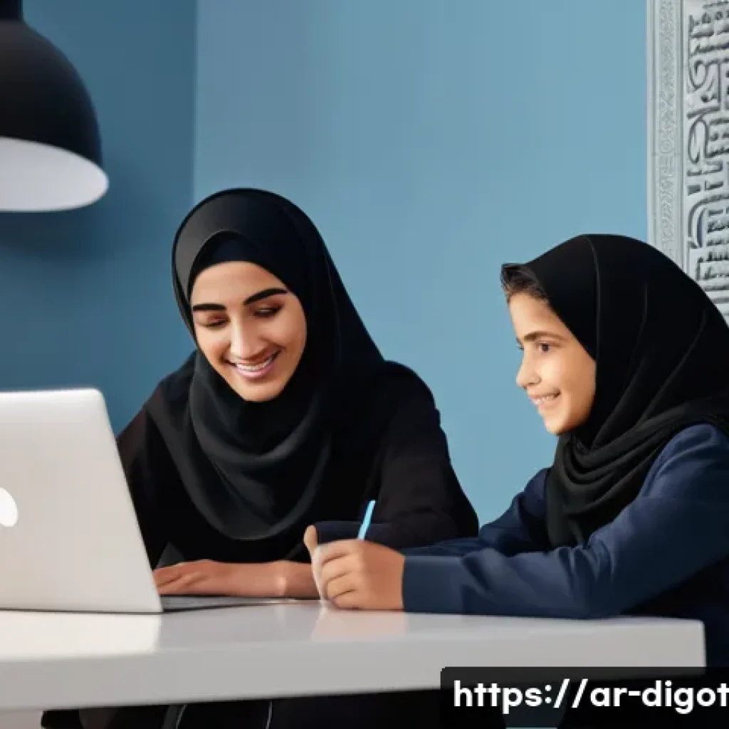디지털 현명함을 위한 정보 안전 교육 - A modern Middle Eastern family gathered around a laptop at home, showing a mother teaching her child...