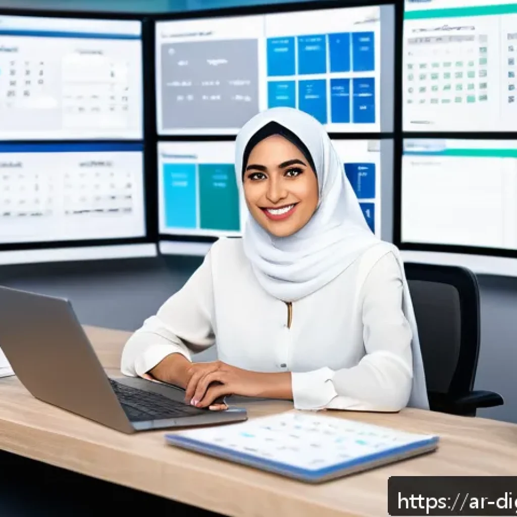 비대면 환경에서의 디지털 현명함 - A modern digital workspace scene featuring a diverse Arab professional woman wearing business casual...
