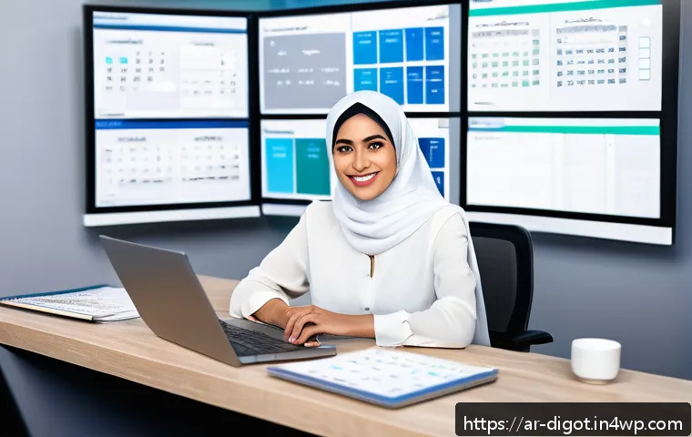 비대면 환경에서의 디지털 현명함 - A modern digital workspace scene featuring a diverse Arab professional woman wearing business casual...