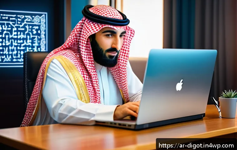 인터넷에서의 개인 정보 보호를 위한 팁 - A professional Arab man in traditional attire sitting at a modern desk with a laptop open, thoughtfu...