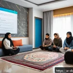 Home 20 청소년을 위한 디지털 현명함 교육법 - A detailed digital classroom scene in a modern Middle Eastern home with Arab teenagers, wearing mode...