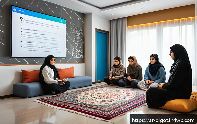 청소년을 위한 디지털 현명함 교육법 - A detailed digital classroom scene in a modern Middle Eastern home with Arab teenagers, wearing mode...