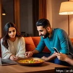 Home 19 디지털 세계에서의 지속 가능한 소비 - A modern Middle Eastern family sitting together in a cozy living room, thoughtfully reducing screen ...