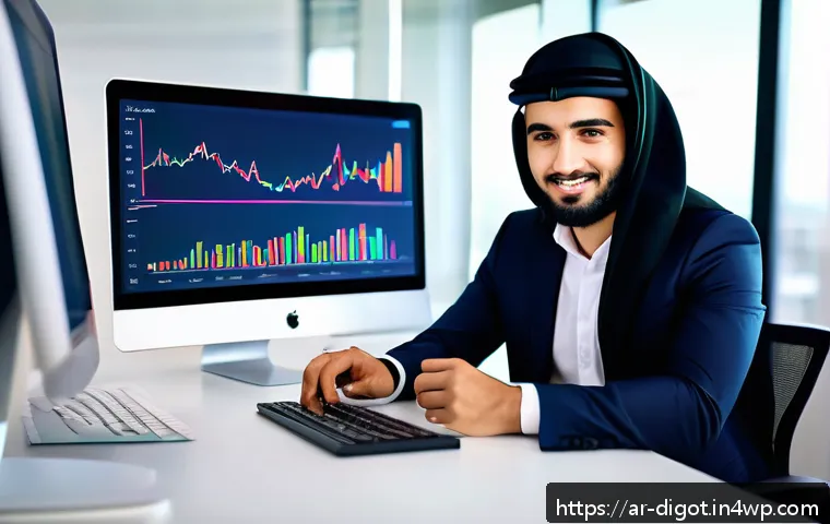 디지털 시대의 소셜 미디어 활용 전략 - A professional Arab digital marketer in a modern office setting, engaging with social media analytic...