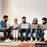 Home 23 디지털 기술의 발전이 가져온 사회적 변화 - A vibrant digital Arab social gathering scene illustrating diverse men and women of various ages int...