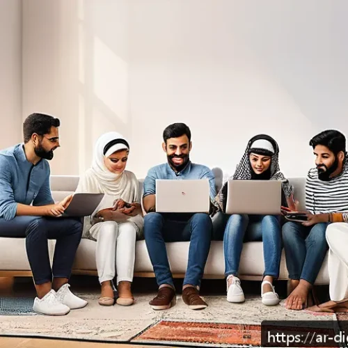 Home 17 디지털 기술의 발전이 가져온 사회적 변화 - A vibrant digital Arab social gathering scene illustrating diverse men and women of various ages int...