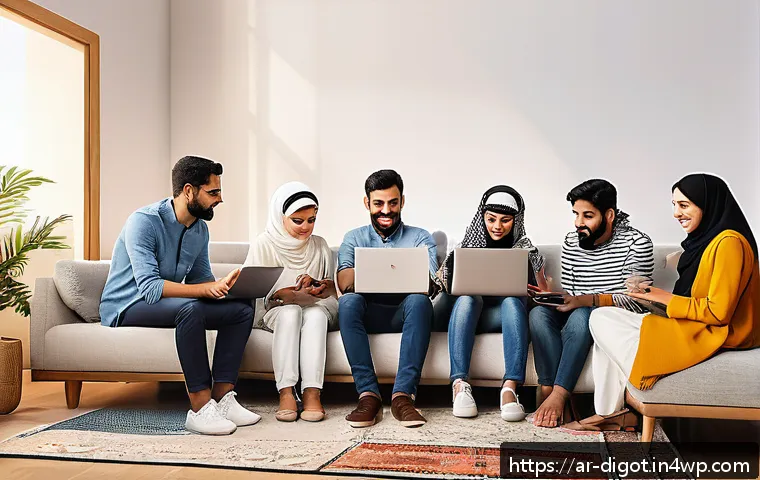 디지털 기술의 발전이 가져온 사회적 변화 - A vibrant digital Arab social gathering scene illustrating diverse men and women of various ages int...